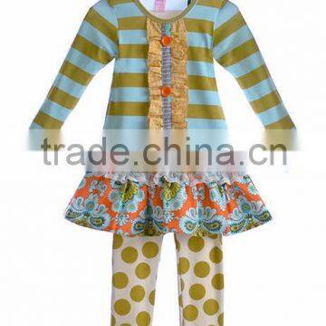 Wholesale cheap stripe top dot pants ruffle dress children clothing set girl Chevron dress