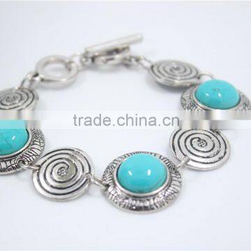 Tibetan Turquoise Fake Stone Bead Bracelet Antiqued Silver Sprial Shape Charm Metal Bracelet For Women 2016New Intrend style
