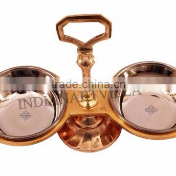 Steel Copper 2 Bowl Compartment Condiment Pickel Set - Serving Dish Curry Home Hotel Restaurant photo-2