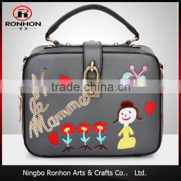 lady embroidery handbag leather bag radio style leather bag