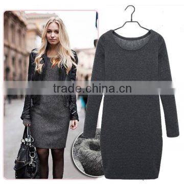  China Winter Casual Women Long Sleeve Round Neck Warm Office Pullover Fashion Elegant Knit Sweater Dress With Velvet