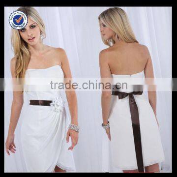 New Design Wholesale Custom Made Mid-Calf Sexy Strapless White Chiffon With Black Belt Prom Dress Cocktail Dress C0075