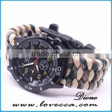 Multifunction Outdoor Survival Waterproof Automatic 550 Paracord Watch with Firestarter Buckle for Men