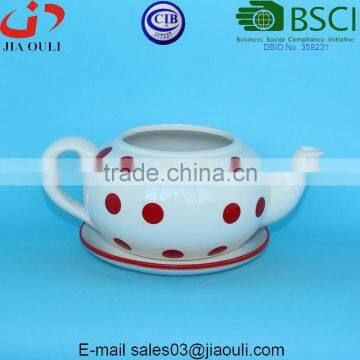 Home & Garden Decration Ceramic Teapot Shape Flower Pot With Red Polka Dots photo-4