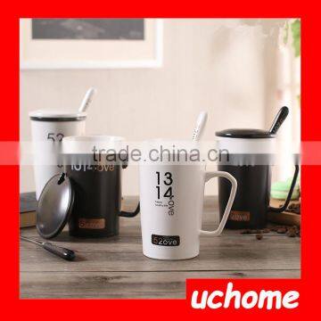 UCHOME Black And White Ceramic Couple Milk Mug Cups With Lid And Spoon