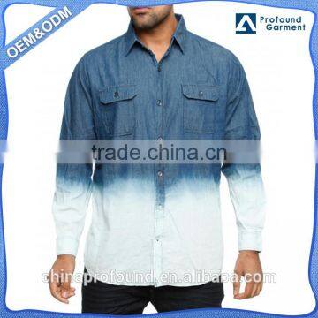 Cheap shirts made in china two pocket long sleeve mens shirt, dip dyed washed in bulk denim shirts