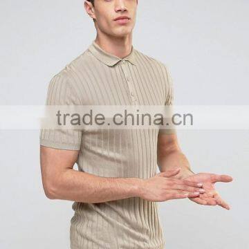 Short Sleeve Button Placket Stone Ribbed Knit men's 52% Viscose 48% Acrylic 200gsm Casual Skinny Slim Fit Polo Collar T-Shirt