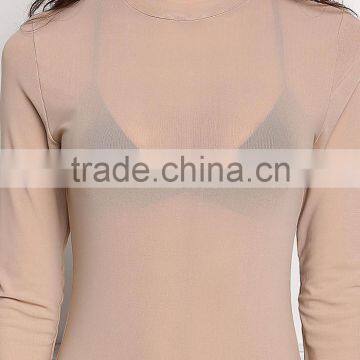 MGOO Custom Minimalist Khaki Mesh Sexy Tops For Ladies Long Sleeves Boat Neck Nylon Spandex Bodysuits photo-4