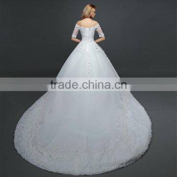 MGOO Off Shoulder Short Sleeve Shinny Beaded Lace Hem A-line Floor Length Wedding Dress Crisscross Back photo-2