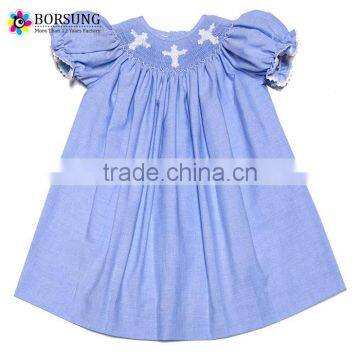 Blue Cotton Girls Dresses Smock Embroidery Dress Baby Frock Design