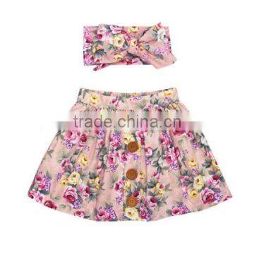 Summer Blue Flower Printed Dress Buttons Design Kids Clothes With Headband photo-2