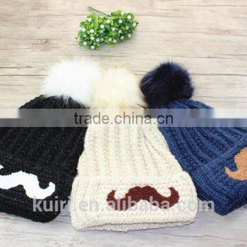 Cartoon Smile Face Lovely Acrylic Knitted With Faux Fur Ball Beanie Women Men Autumn Winter Cap Warm Hat photo-2