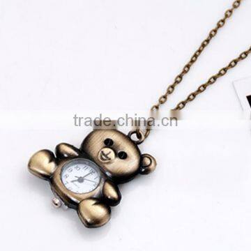 Antique Bronze Panda Open Faced Pocket Watch Sweater Pendant Necklace