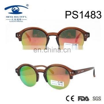 woman sunglasses with gold mirror lens round shape half frame