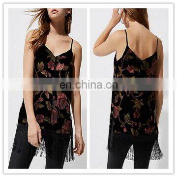 Online Black Flowy Floral Printed Silk Tank Top With Fringe Hem