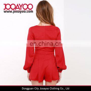 Jumpsuit for Women 2016 V-neck Red Long Sleeve Romper With Pleat Details