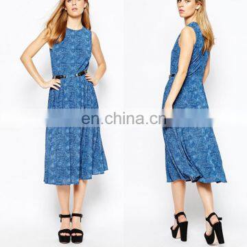 Hot Sale Latest Design Evening Gown Womens Blue Pleated Midi Dress with Belted Sides