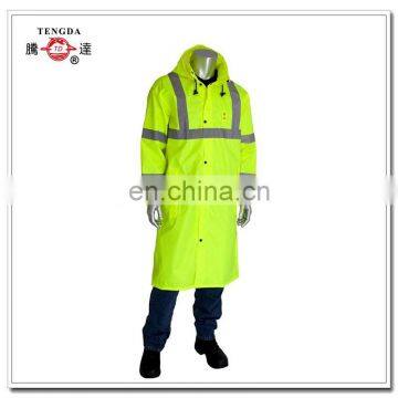 reflective yellow knee length long nylon raincoat for worker