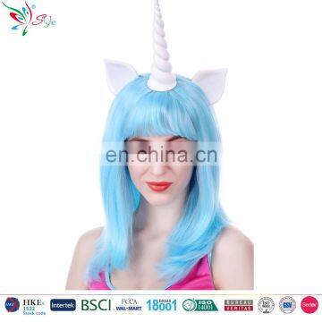 Hot styles cosplay party synthetic fibre hair blue short straight unicorn wig