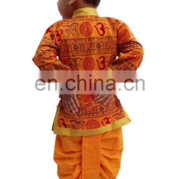 Indian Om Print Saffron Dhoti Kurta, Boy's Traditional Angrakha Set, Dhoti Suit, Kids Baby Wear, Ethnic Dress Kurta om Print photo-4