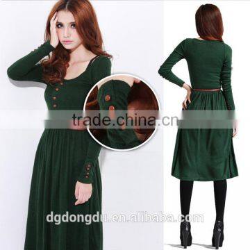 Women Autumn Vintage Slim Button Long Sleeve Mid-Calf Dress Skirts Belt Green