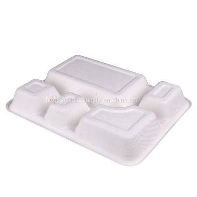School packaging tray 26*21cm Restaurant 100% Compostable Rectangle 5-Compartment Plates Sugarcane pulp Bagasse container