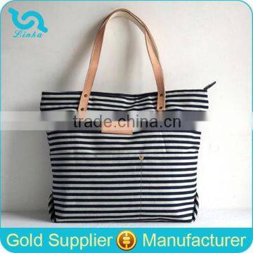 Navy Stripe Stylish Denim Bag Denim Tote Bag With Genuine Leather Handles