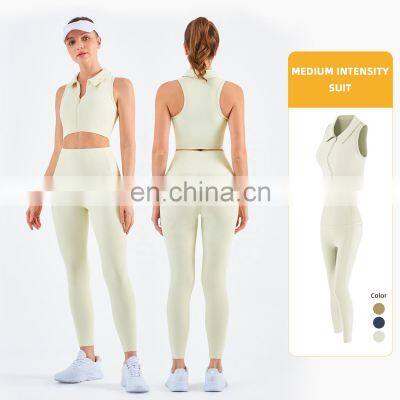 Workout Outfits Sports Ribbed Golf Polo Padded Bra Tank Top Yoga Legging Set Womens