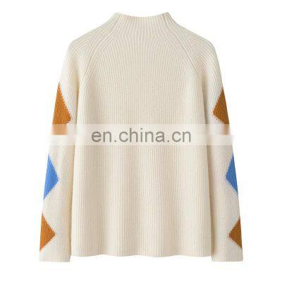 High End 100% Cashmere Pullover for Women Wholesale Casual Winter Sweater With Geometric Rib Round Neck Design\