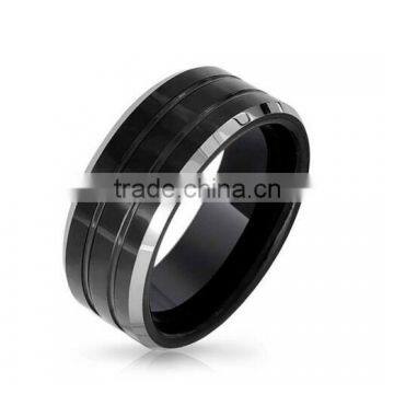 Grooved Beveled Black Tungsten Wedding Ring 8mm, Fashion Grooved Tungsten Ring Form Men