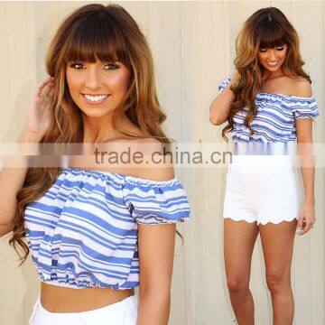 Top Selling Products 2015 Striped Sexy Shoulder Ultra Short Vest Online Shopping