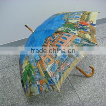 Transfer city printing wooden shaft long umbrella