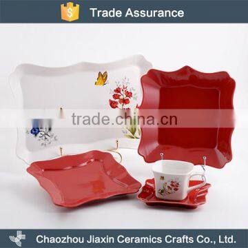 White and red flower decal porcelain party tableware set