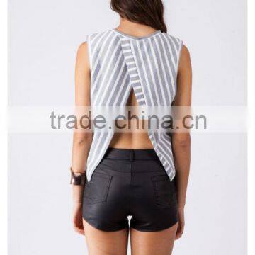 2016 Women Clothing, Designer Clothing Manufacturers in China, Private Label Women Knitted Sleeveless Stripe Top With Split Back photo-3