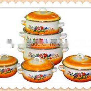 Orange Bottom White Enamel Cookware Pot Set Non-Stick Double Handle Enamel Cooking Pot Set 6 Pcs