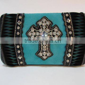 Pu leather bling western studded rhinestone cross wallets wholesale