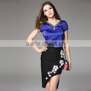 Ladies Crystal Beaded Necklace Design V Neck Tops Elegant Short Sleeve Slim Satin Mesh Patchwork Women Blouses 2016 Summer
