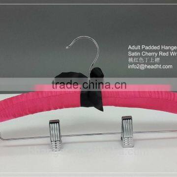 HH brand satin fabric display padded hanger with metal clips for skirts adult size custom made workable watermelon red satin