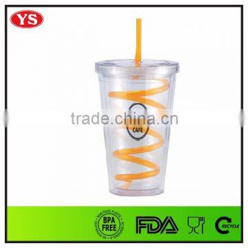 16 oz Transparent reusable double wall plastic tumbler straw with flat lid