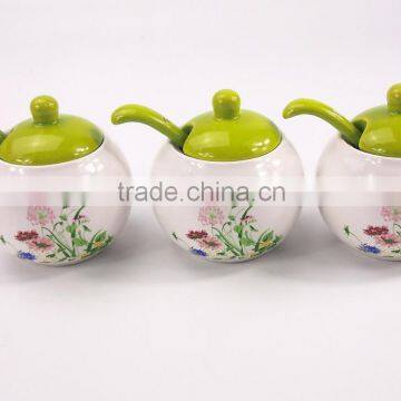 Set Of 3 White Flower Printed Round Ceramic Spice Container Spice Jar With Lid photo-3