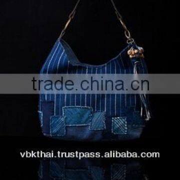 INDIGO DYED COTTON AND NATURAL BROWN COTTON HAND BAG WITH LEATHER SHOULDER-STRAP FROM THAILAND