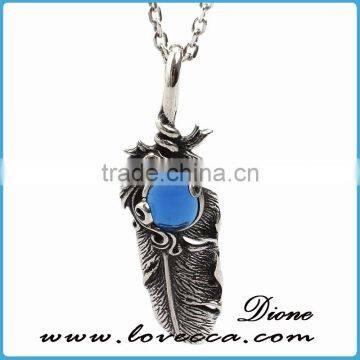 Big Blue Stone Mens Womens Vintage Feather Stainless Steel Pendant