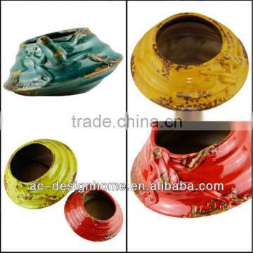 S/2 ROUND CERAMIC PLANTER W/FROG