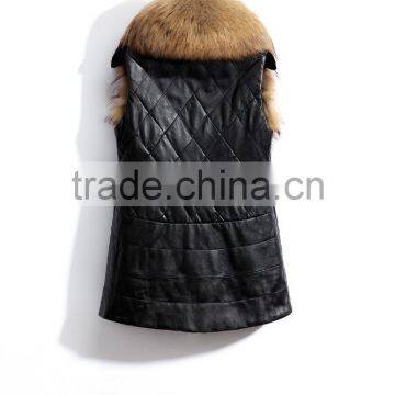 2016 Europe Hot Sale Latest Design Winter Sheep Leather With Faux Fox Fur Collar Vest Fashion Warm Woman Vest