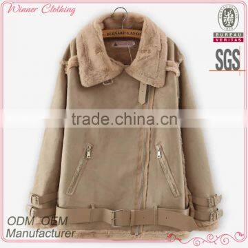 lady clothing garment manufacturer Lapel neck khaki nubuck leather jacket woman 2015