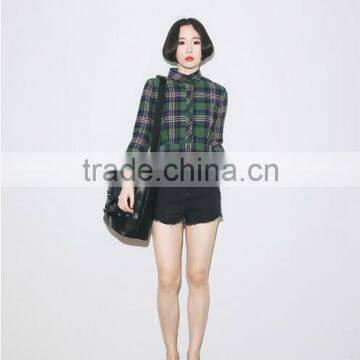2015 Customized Short Style Green and Navy Plaid Shirt for Women