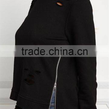 MGOO Manufacturer OEM Custom Made 100 Pieces Black Distressed Turtleneck Sweater Tops CVC French Terry Tops photo-4