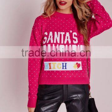 MGOO Custom Design Ladies Christmas Sweater Knitwear Women Diy Crop Jumper With Split Side Pink photo-3