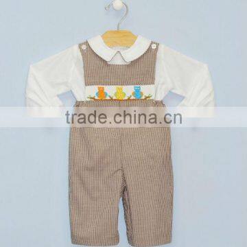 Baby Boys Brown Gingham Smocked Owl Longall