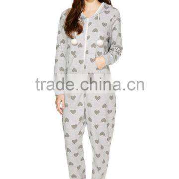 Heart printed zip up plus size adult onesie pajamas